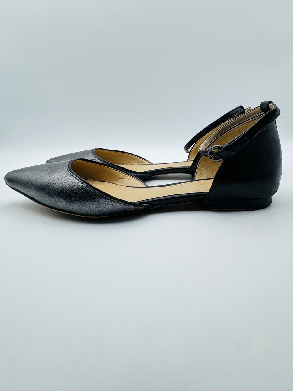 Coach “Jameson” Gunmetal & Black Leather Ankle Strap Point Toe D'Orsay Flats